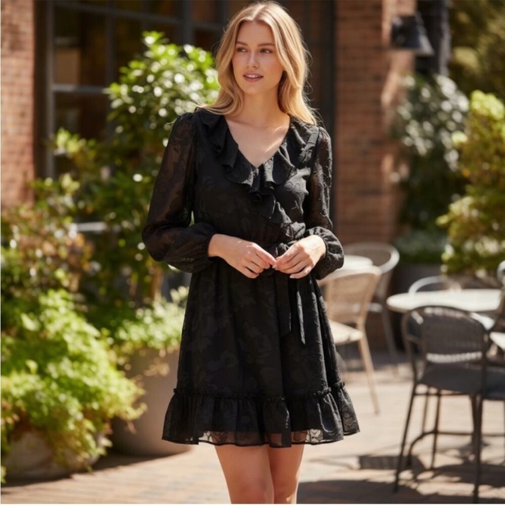 Joie Black Burnout Floral Ruffle Mini Dress Long Sleeve Tie Waist L NWT